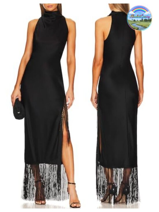 Dresses & Skirts - Womens Gatsby Vintage Flapper Maxi Dress Halter Tassel Hem Gown with Slit